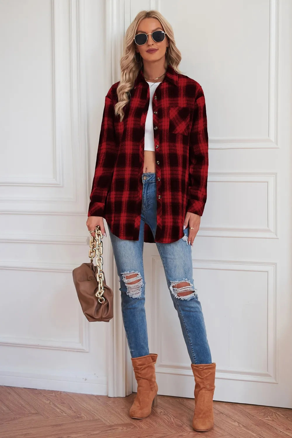 Plaid Button Up Dropped Shoulder Outerwear - Lilixa.store