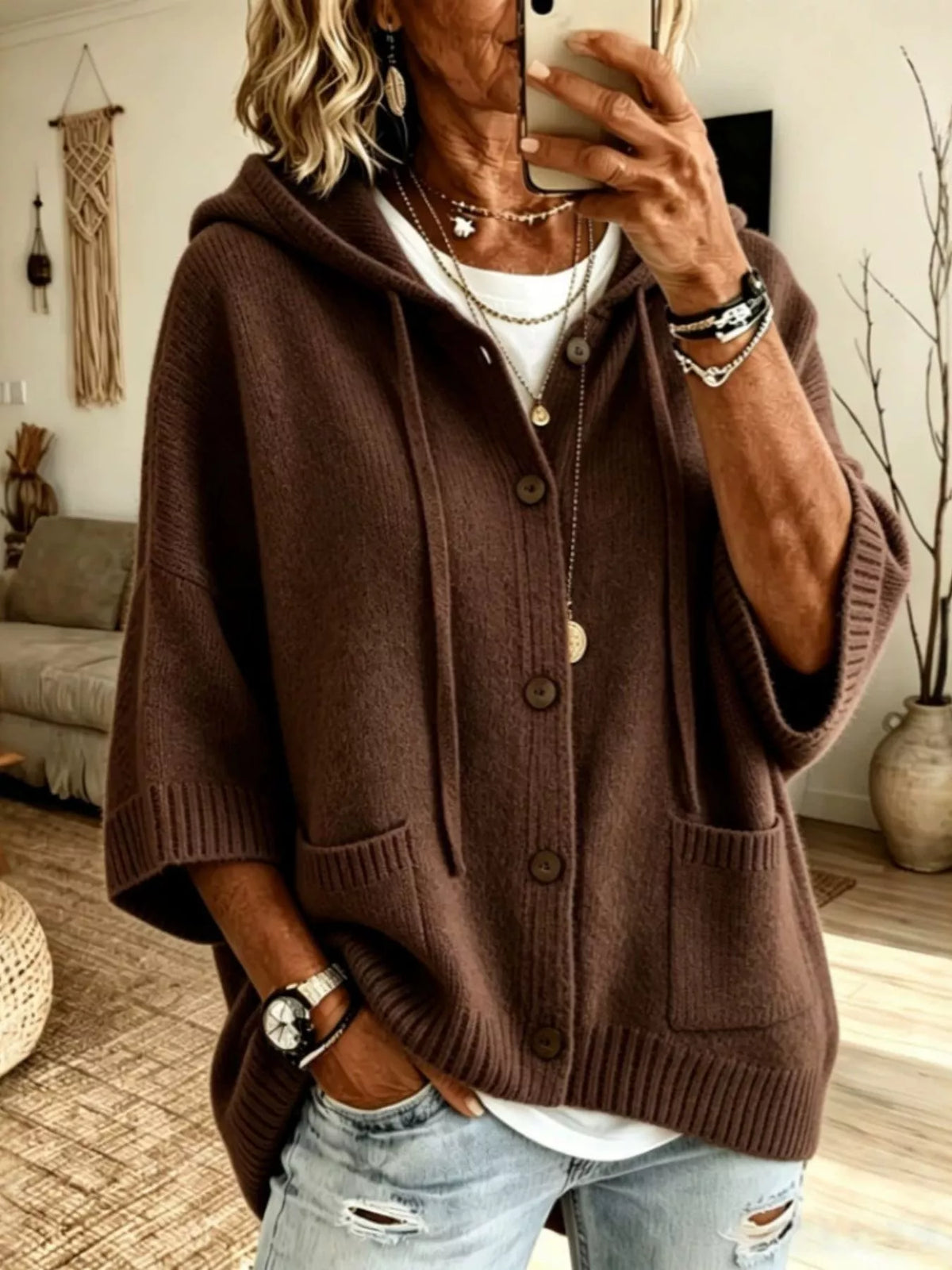 Full Size Casual Hooded Button-Down Knit Cardigan with Pockets Plus Size - Lilixa.store