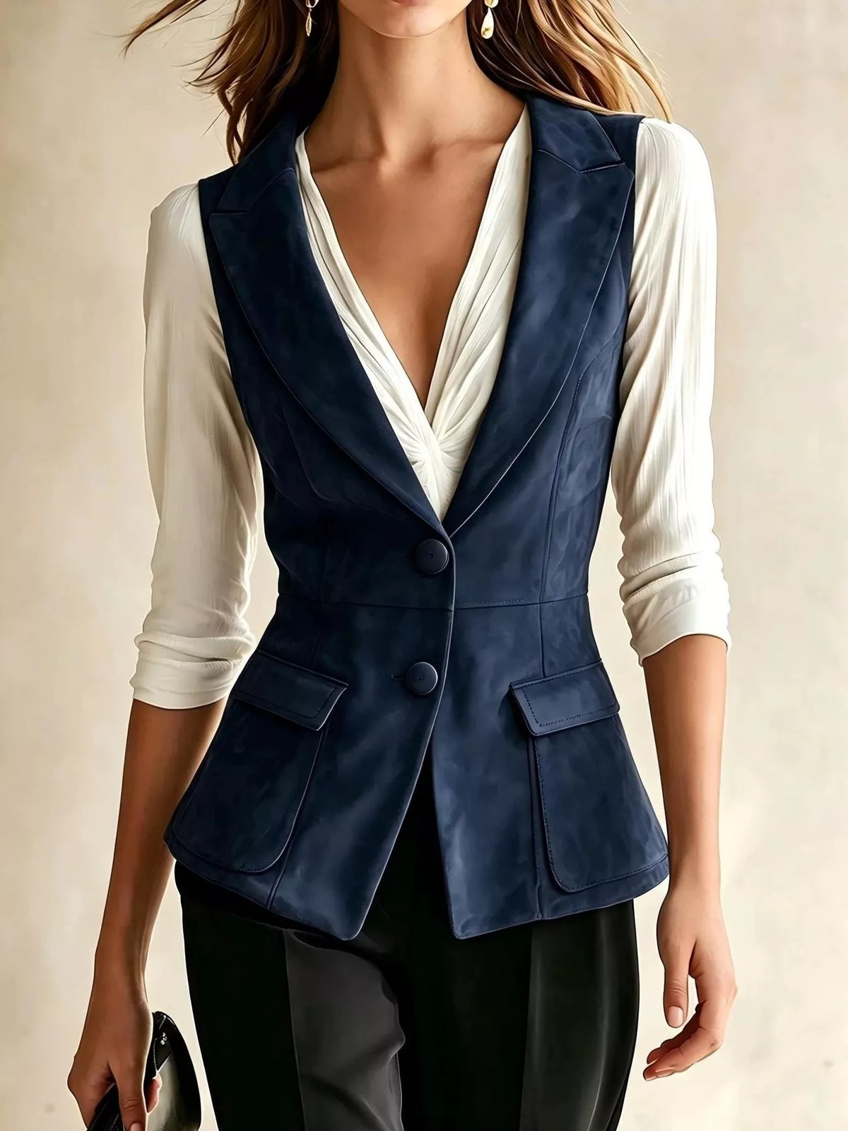 Button-Front Closure Suede Vest Coat in Navy