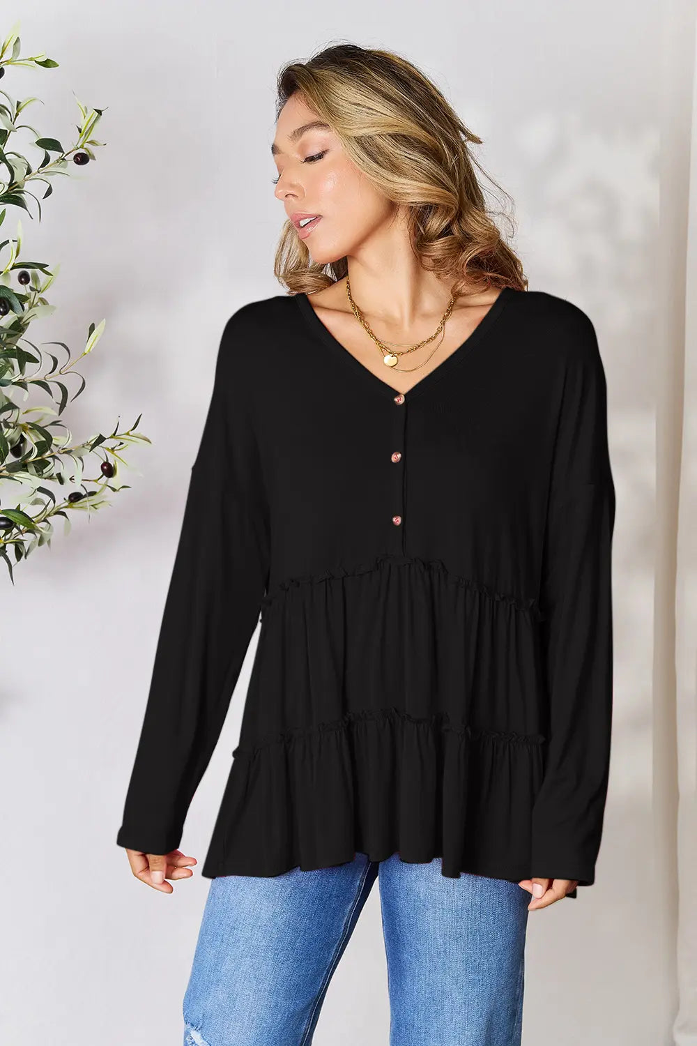 Double Take Half Button Long Sleeve Ruffle Hem Blouse - Lilixa.store