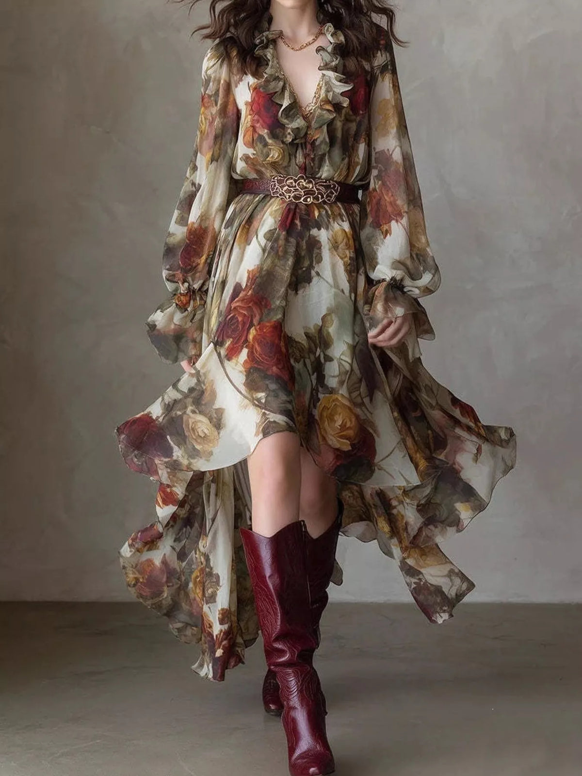 Floral Print Ruffle Trim High-Low Chiffon Maxi Dress
