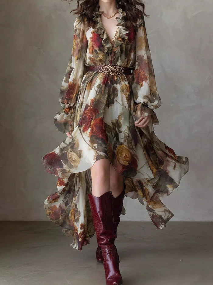 Floral Print Ruffle Trim High-Low Chiffon Maxi Dress - Lilixa.store