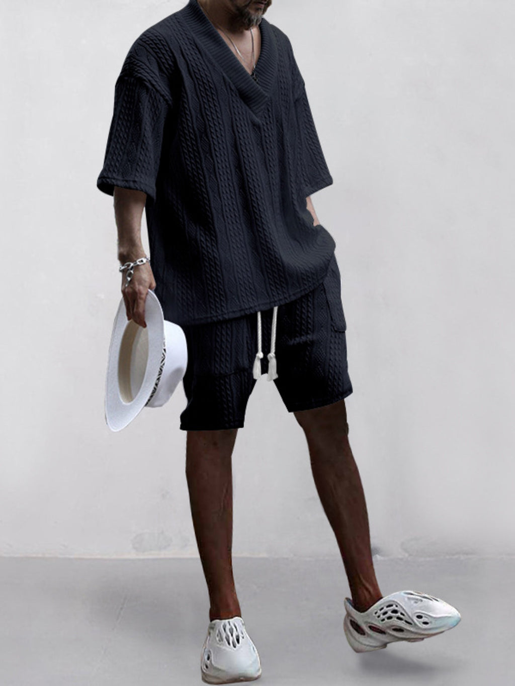 Men's Full Size Casual Knit V-Neck Short Sleeve Top and Shorts Set Plus Size - Lilixa.store