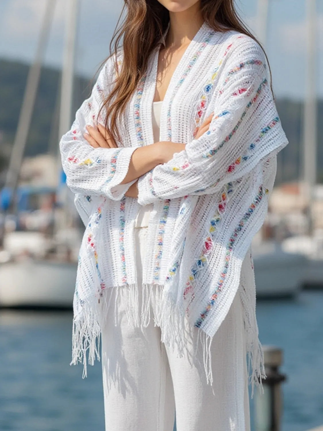 Openwork Fringe Open Front Knit Cape - Lilixa.store
