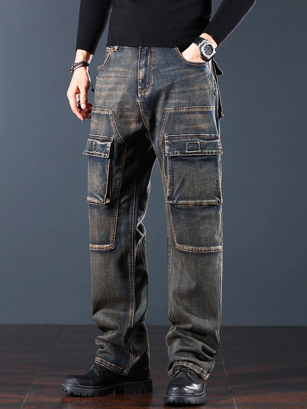 Men's Vintage Wash Cargo Jeans - Lilixa.store