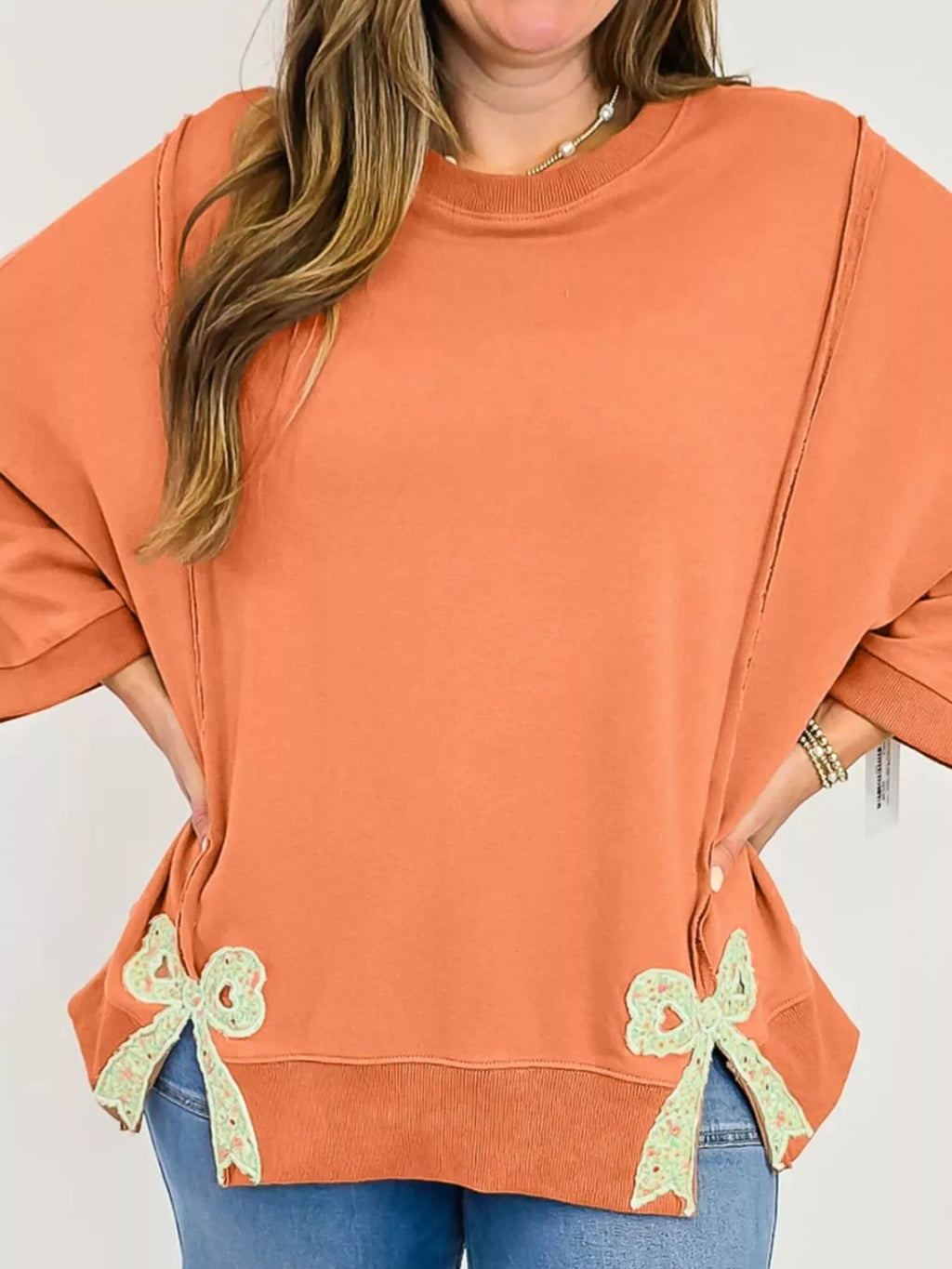 Bow Slit Round Neck Sweatshirt - Lilixa.store
