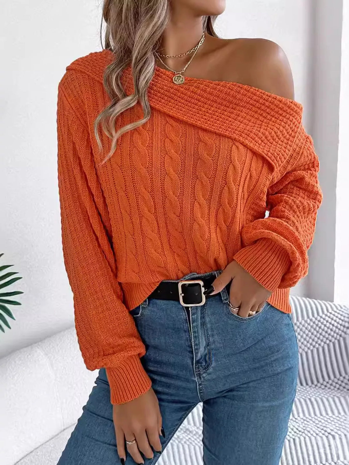 One Shoulder Cable Knit Sweater