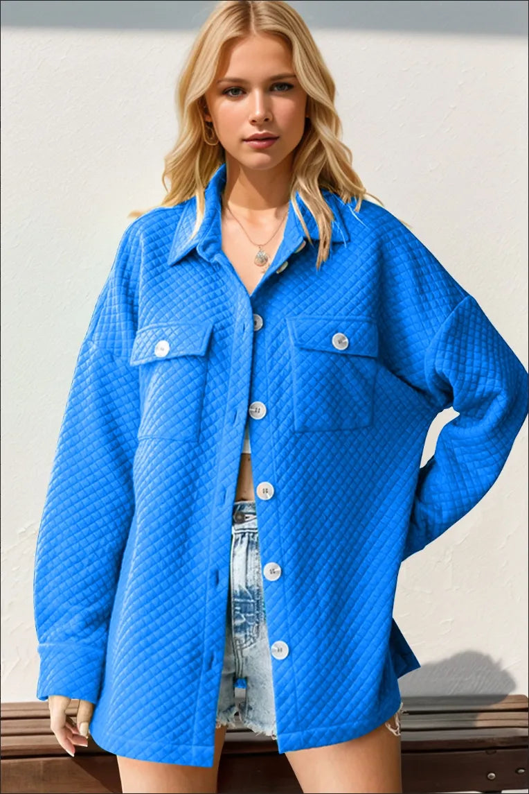 Double Take Full Size Textured Button Up Drop Shoulder Shacket in Blue