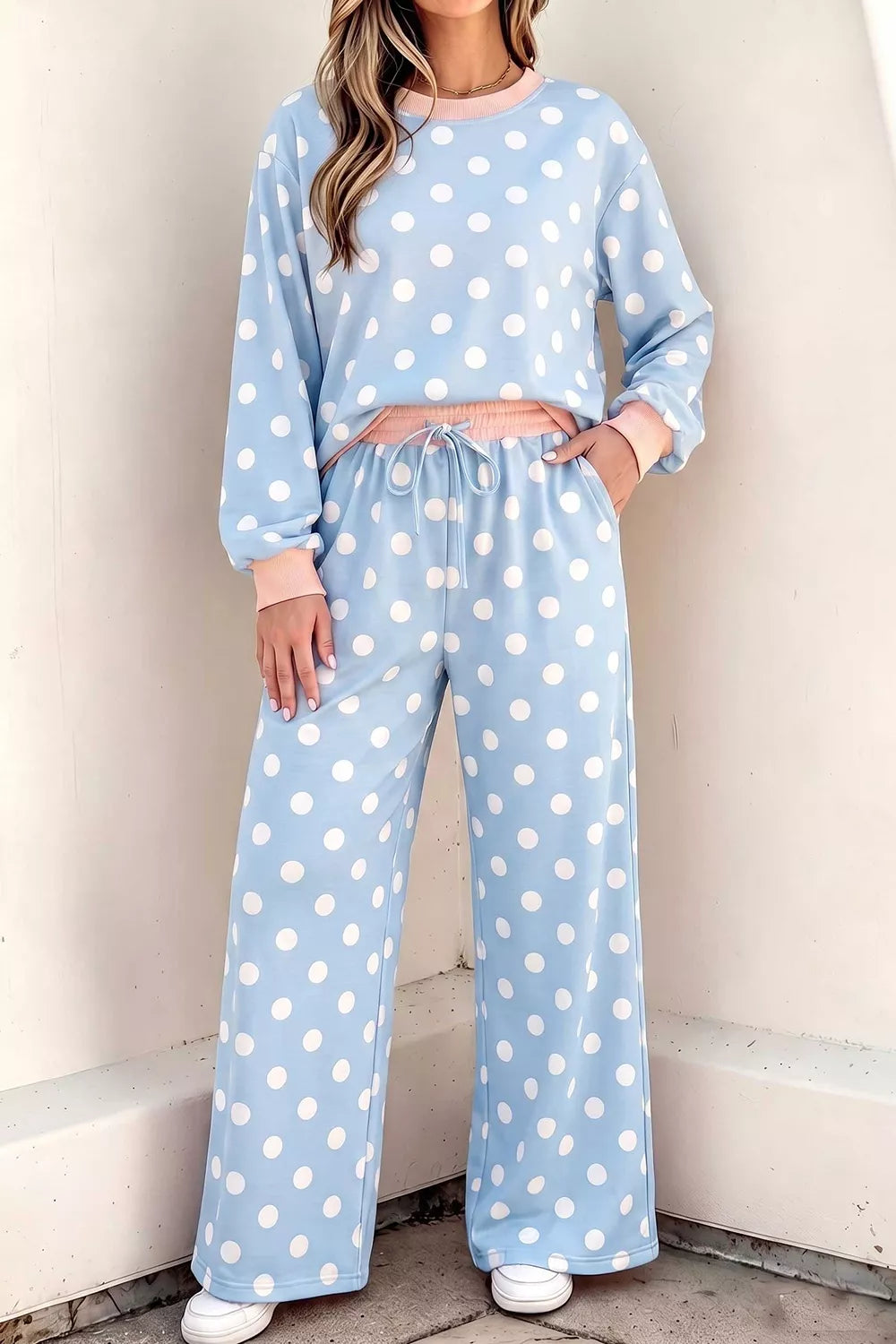 Polka Dot Contrast Trim Long Sleeve Top Drawstring Shift Pants Set - Lilixa.store