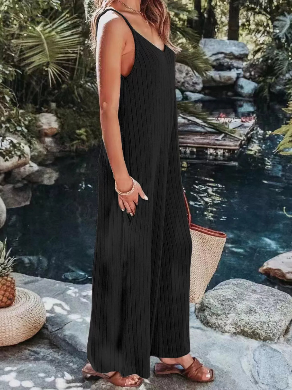 Ribbed V-Neck Wide Leg Jumpsuit - Lilixa.store