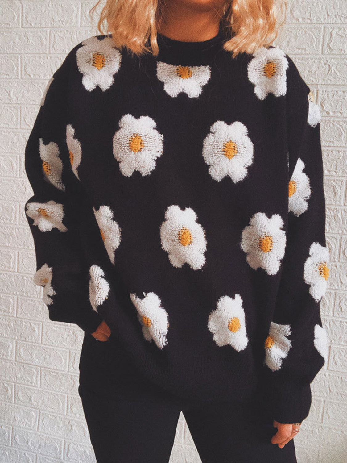 Flower Round Neck Long Sleeve Sweater, view 3