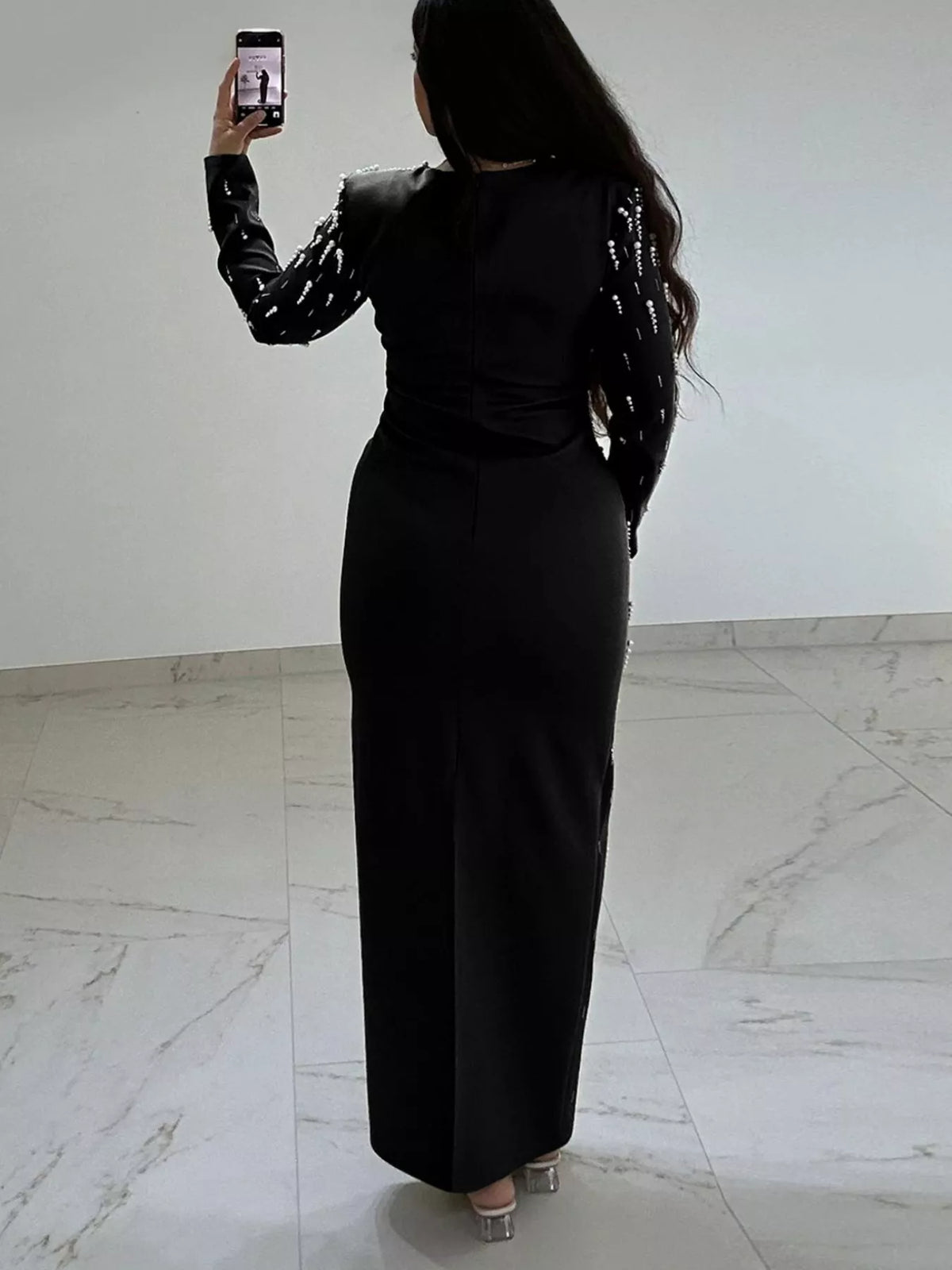 Pearl Detail Long Sleeve Maxi Dress - Lilixa.store