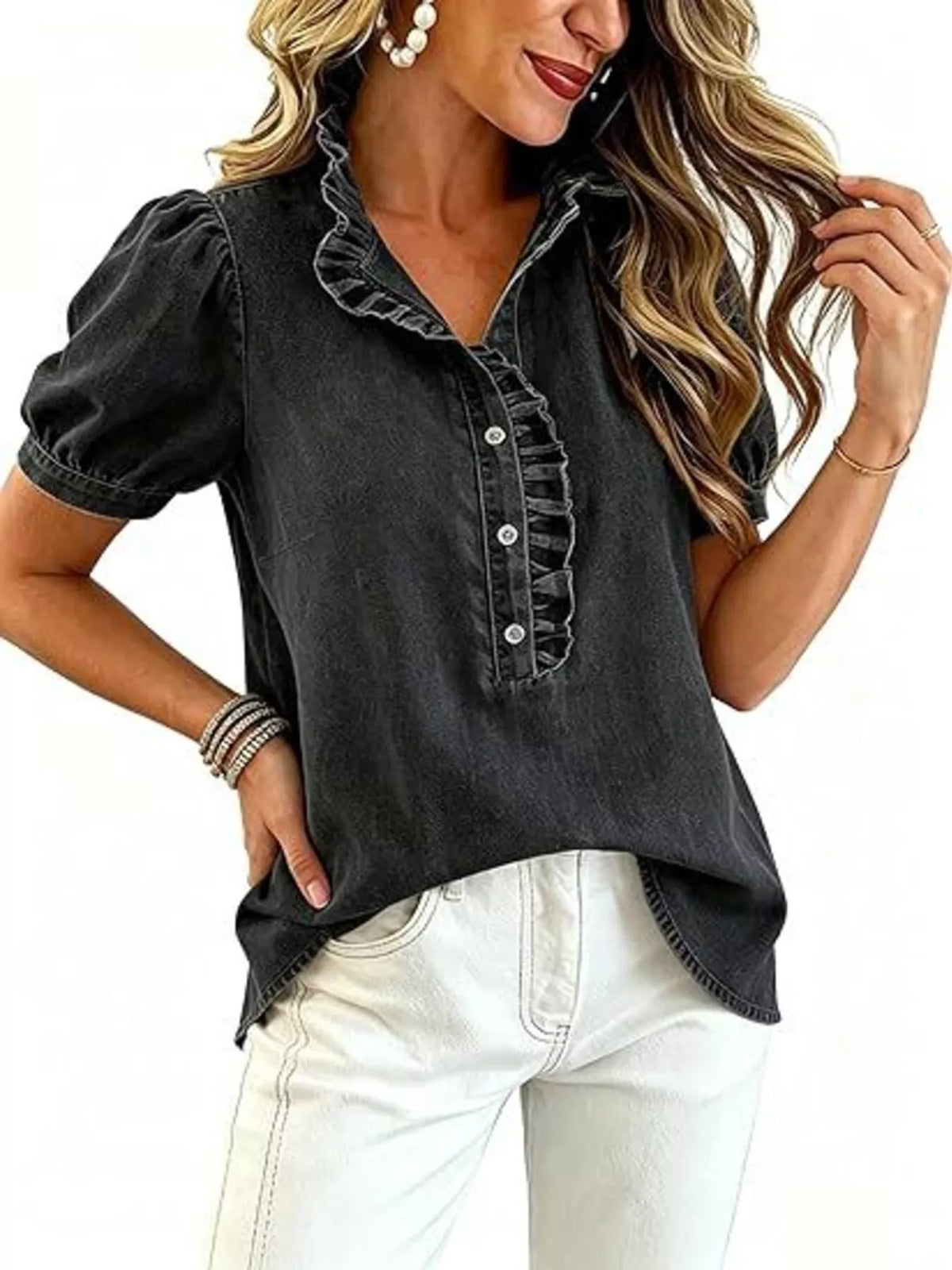 Frill Puff Sleeve Denim Top - Lilixa.store