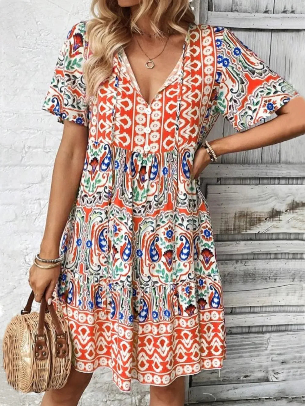 Printed Tie Neck Short Sleeve Dress - Lilixa.store