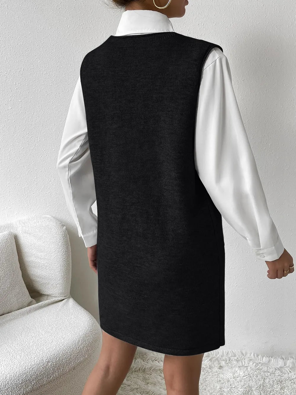 V-Neck Sleeveless Sweater Dress with Pockets, view 9