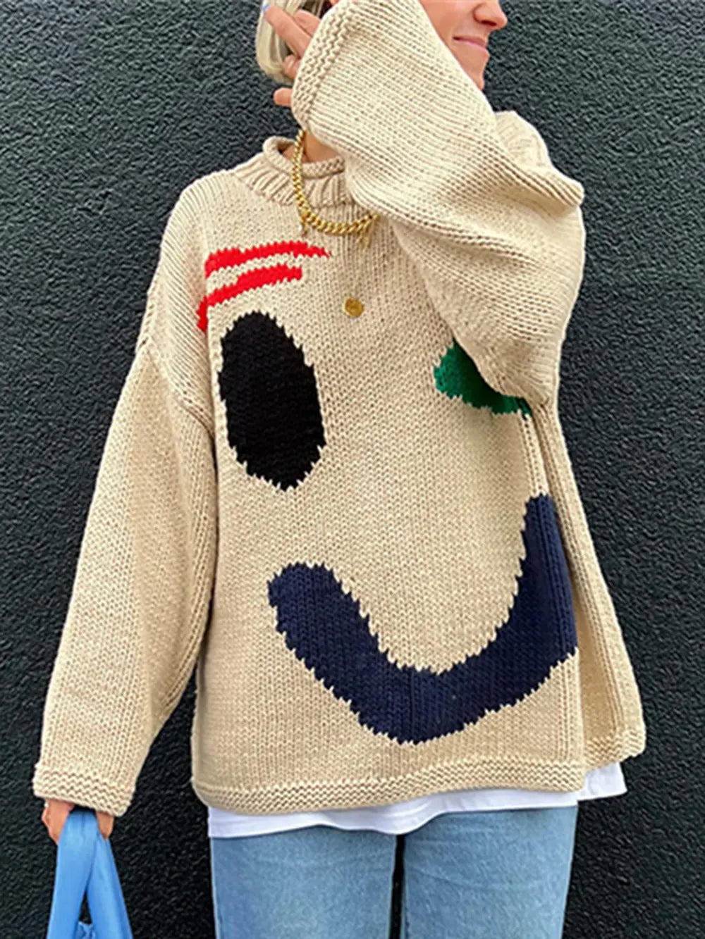 Contrast Drop Shoulder Long Sleeve Sweater, view 2