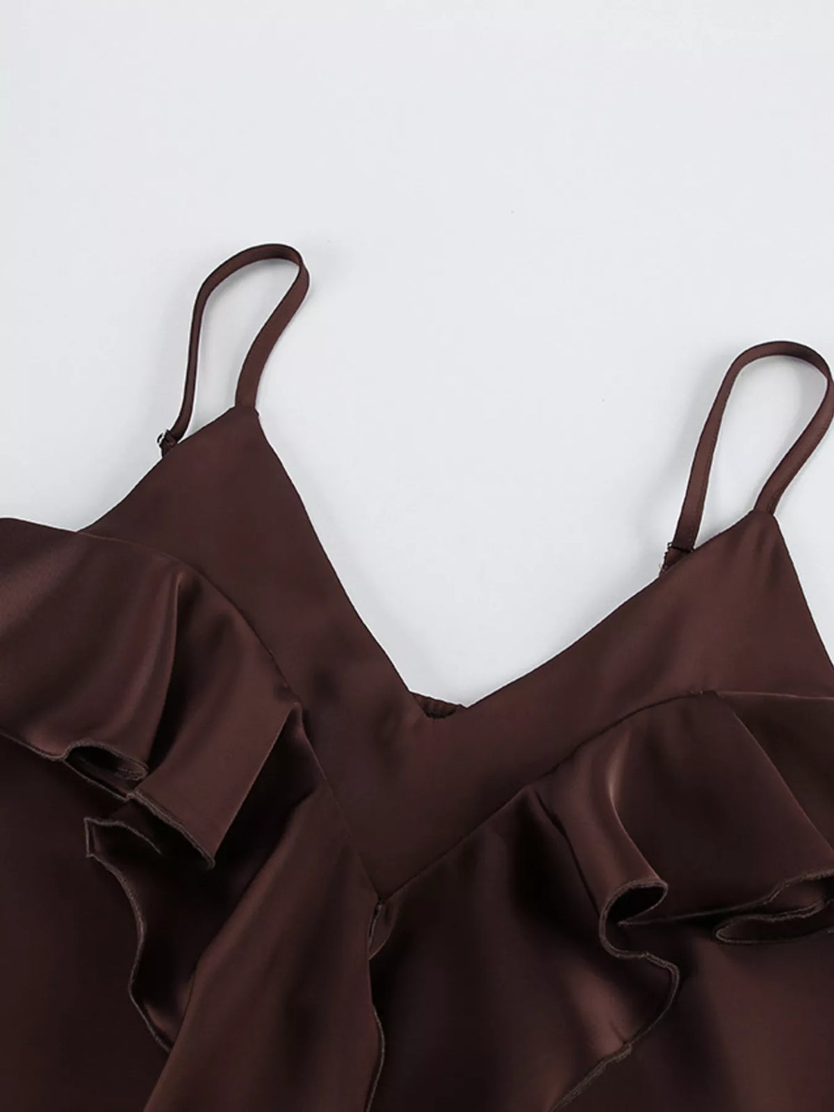 Ruffle V-Neck Cami and Wide-Leg Pants Two-Piece Set in Brown, view 11