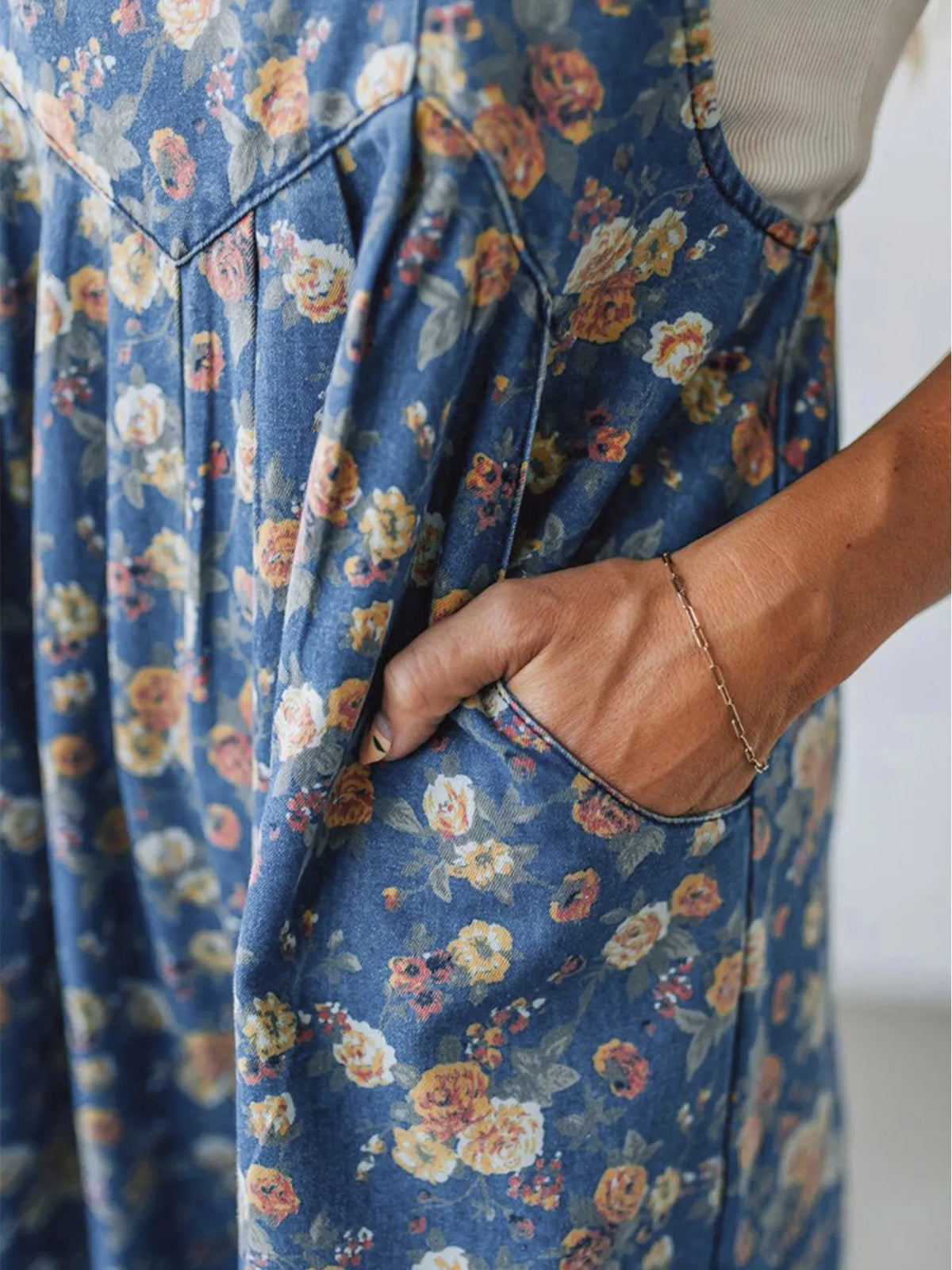 Floral Print Wide Leg Denim Overalls