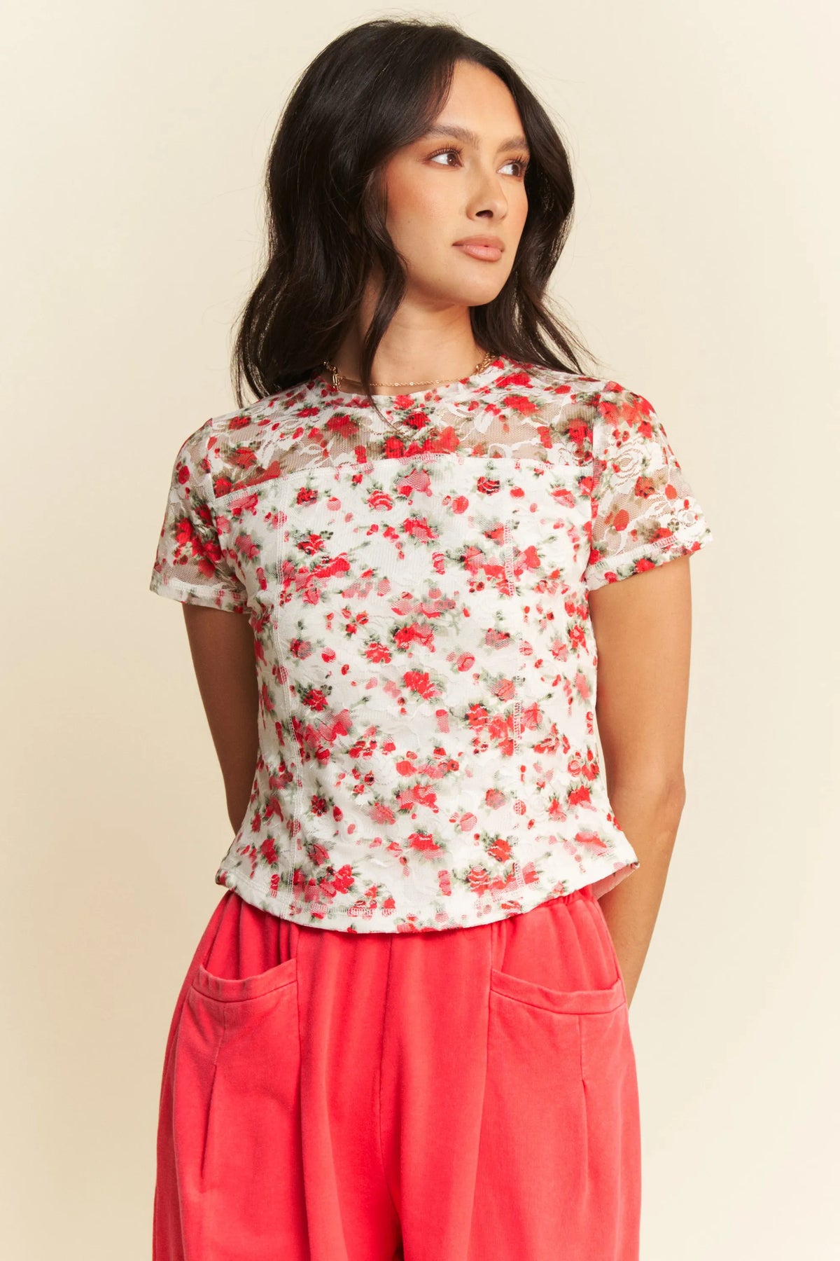 Davi & Dani Ribbon Short Sleeve Layered Mesh Top - Lilixa.store
