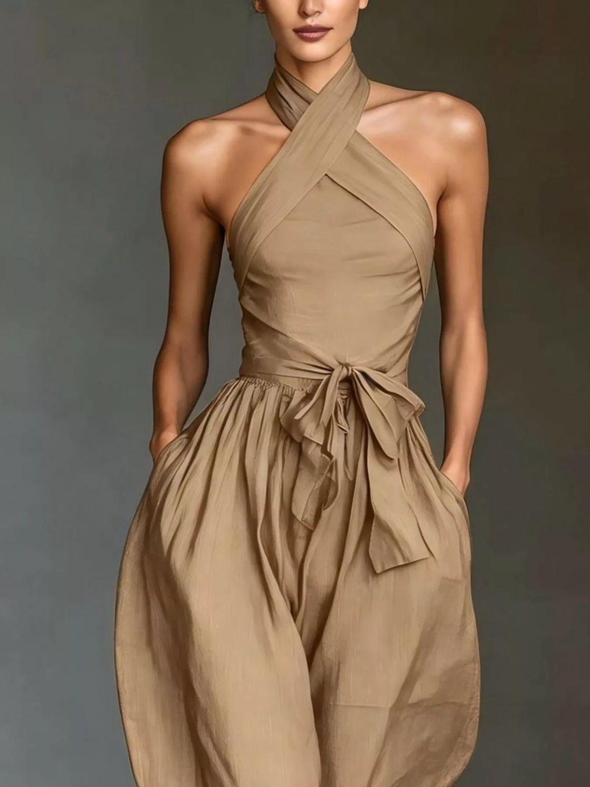Halter Neck Wide-Leg Jumpsuit with Waist-Tie Detail
