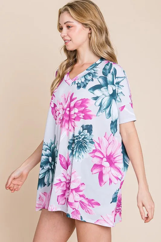 BOMBOM Floral V-Neck Short Sleeve T-Shirt - Lilixa.store