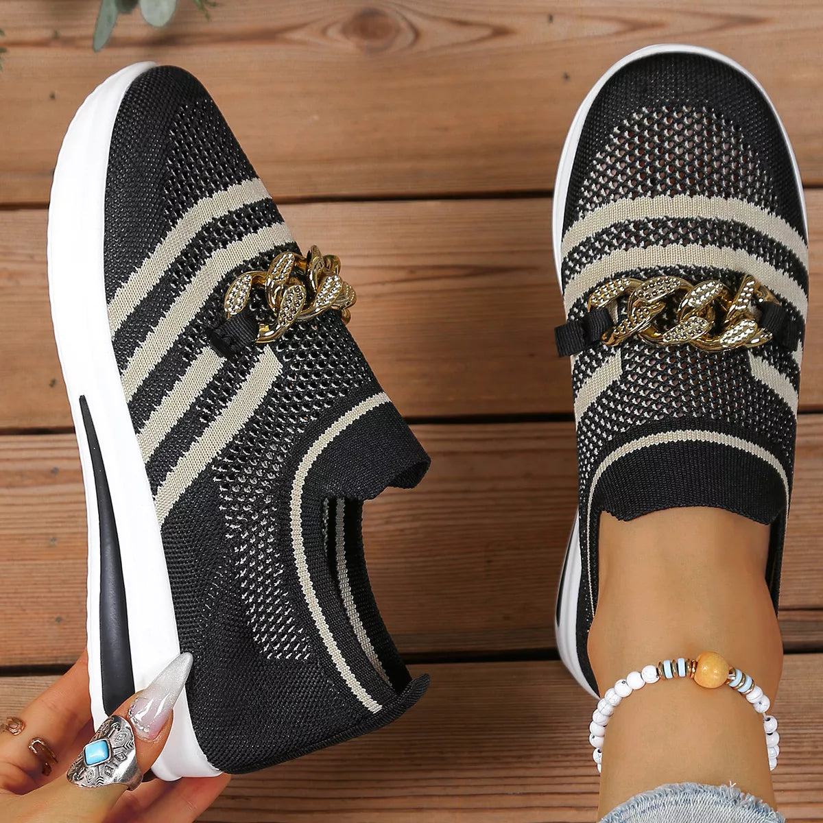 Round Toe Mesh Slip-Ons in Black