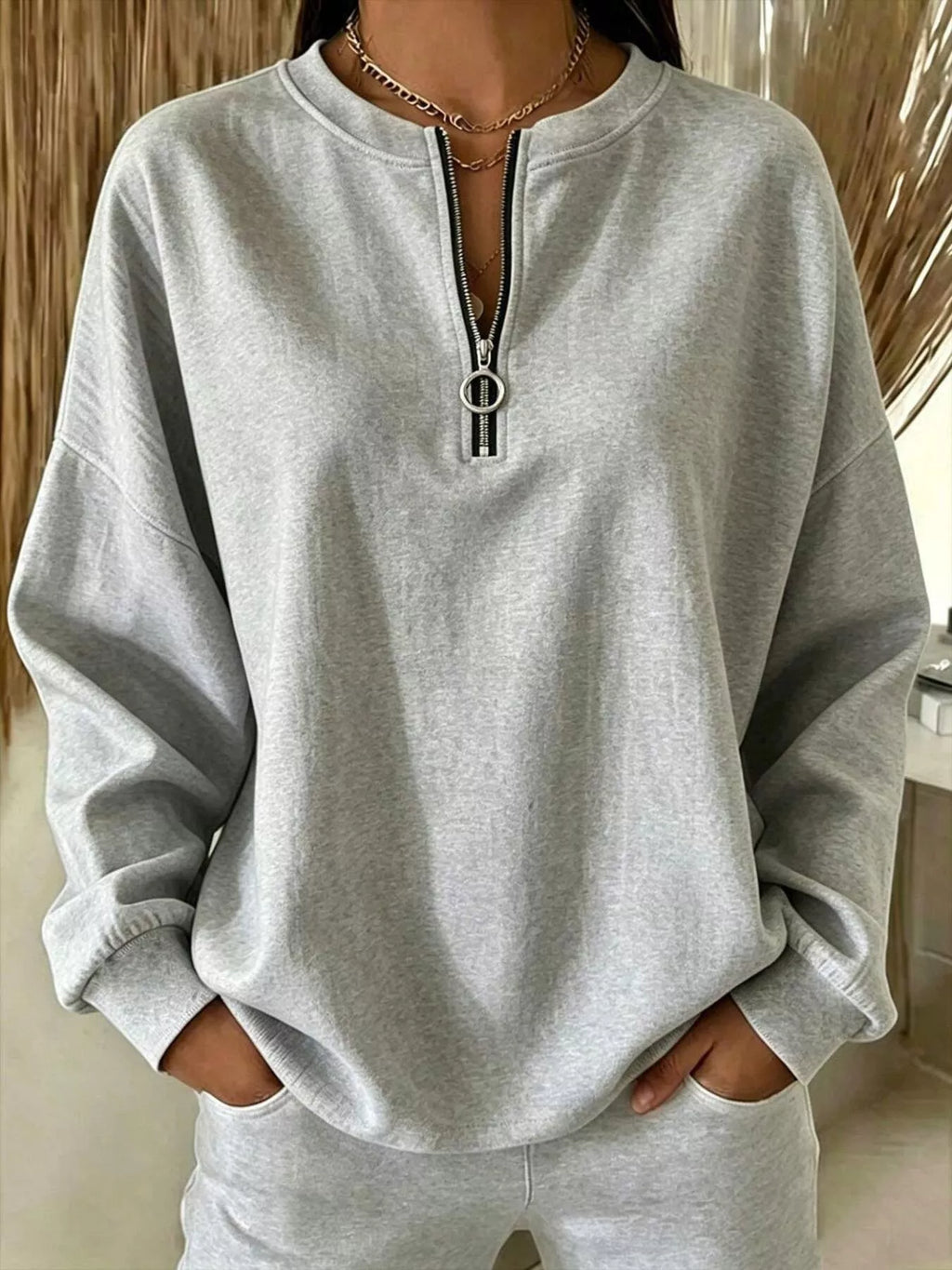 Quarter-Zip Dropped Shoulder Sweatshirt - Lilixa.store