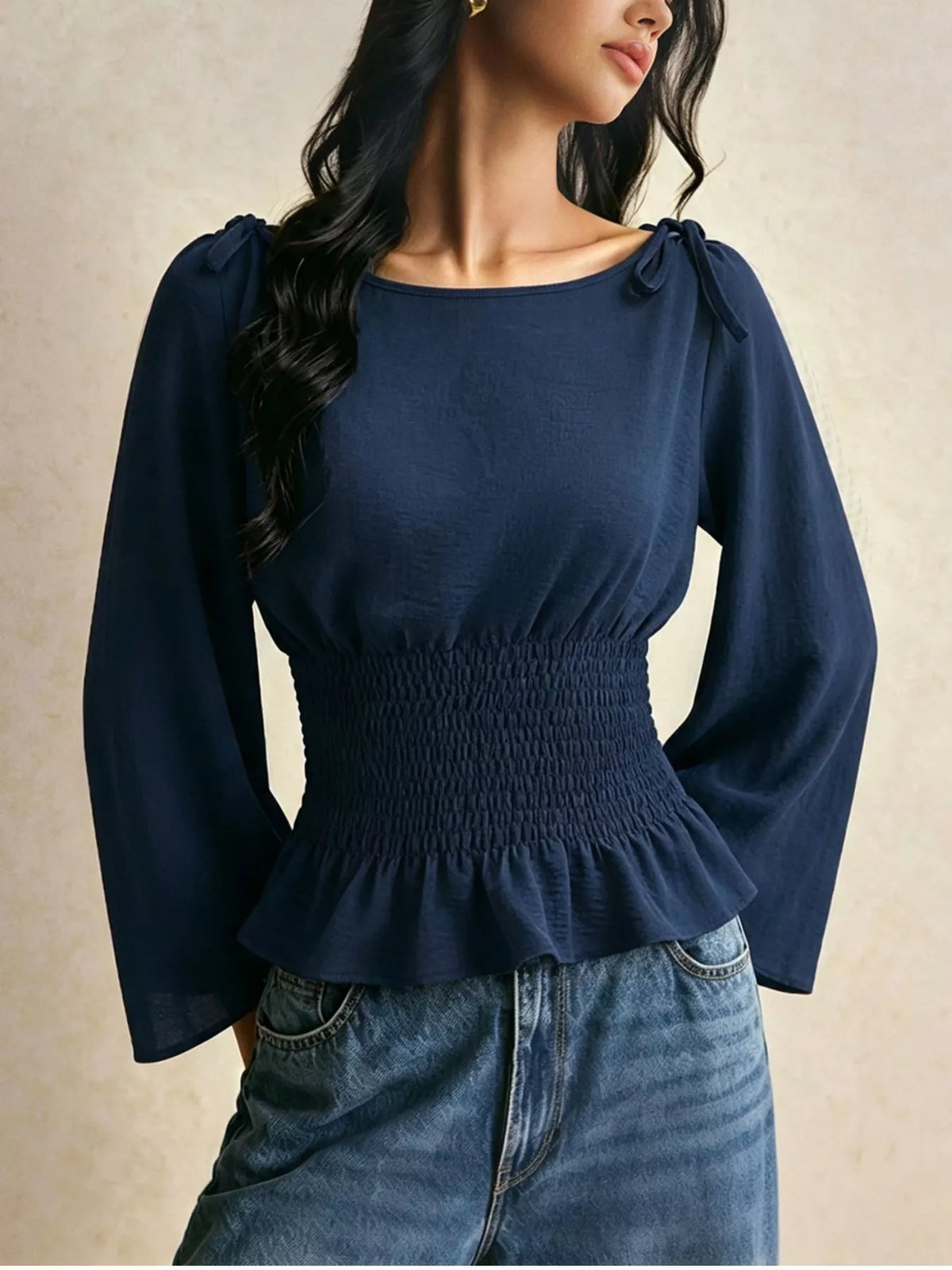 Smocked Waist Flare Sleeve Blouse in Dark Blue, view 2