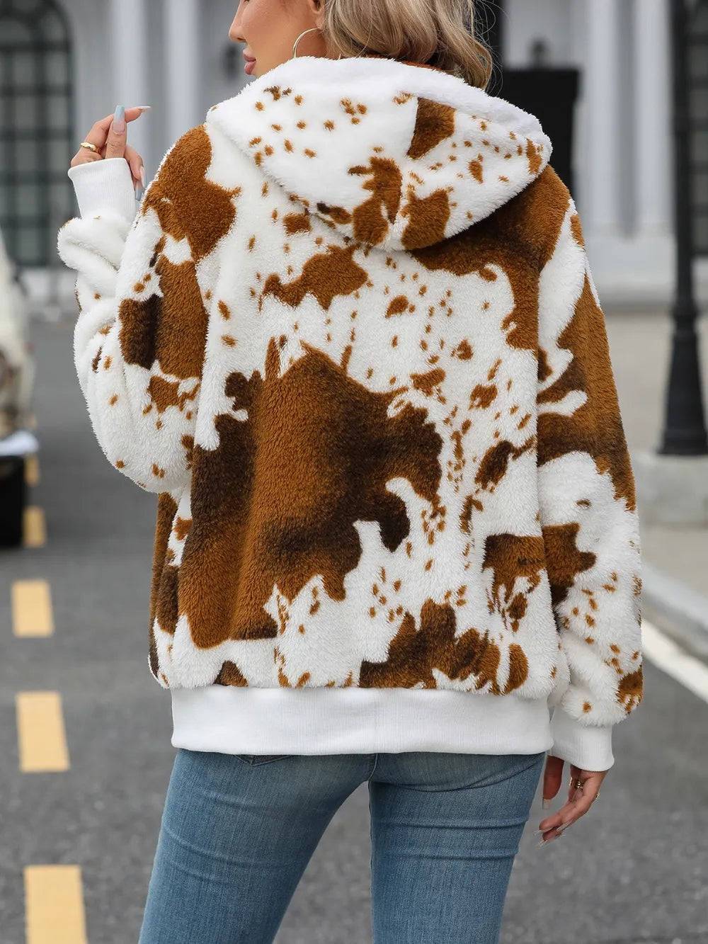 Fuzzy Drawstring Zip Up Hooded Jacket in Brown, view 2