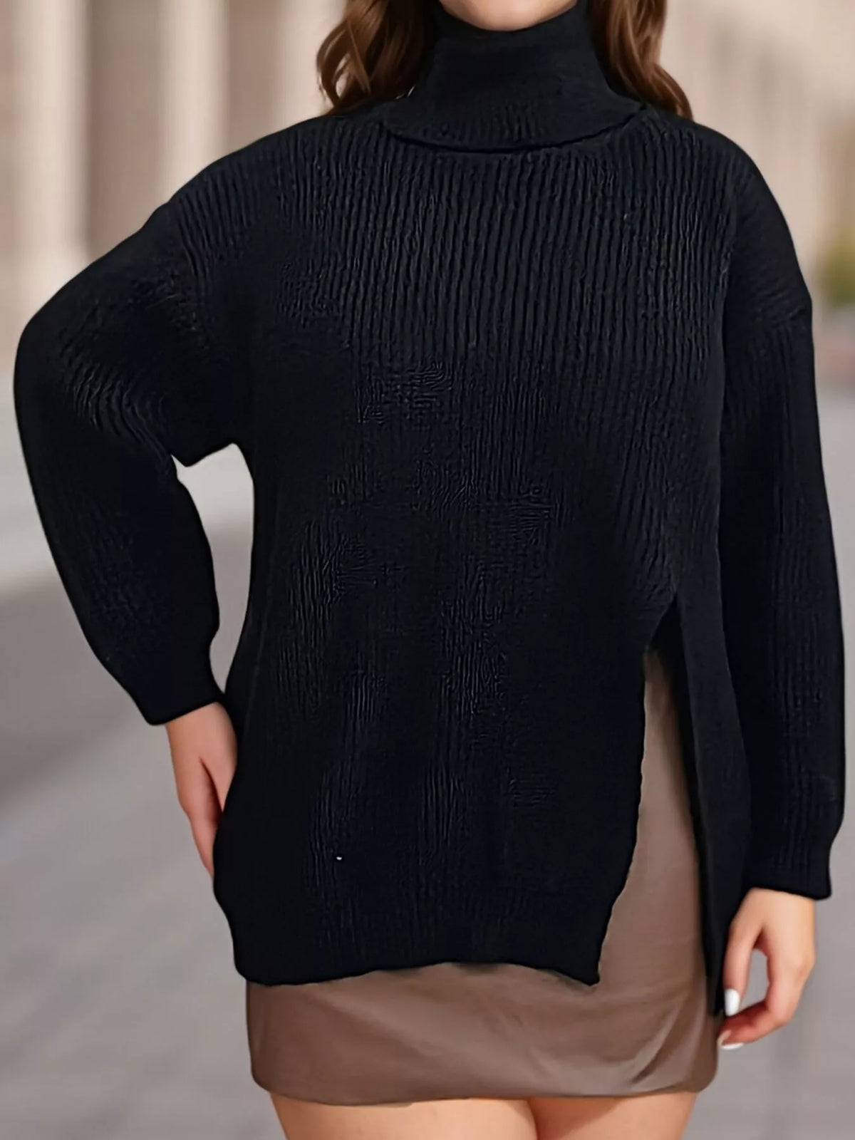 Plus Size Side Slit Ribbed Turtleneck Sweater