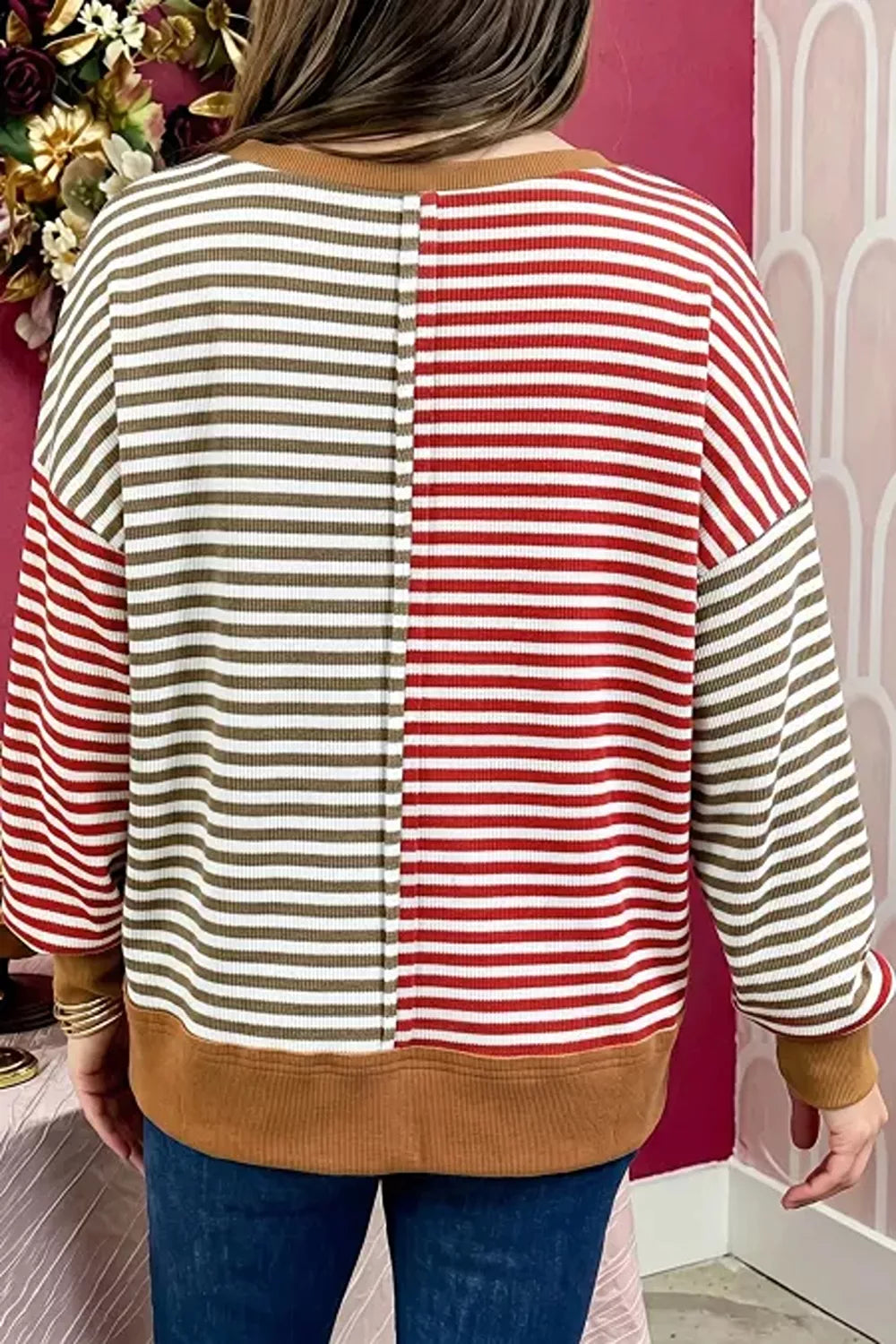 Colorblock Striped V-Neck Top in Multicolor, view 3