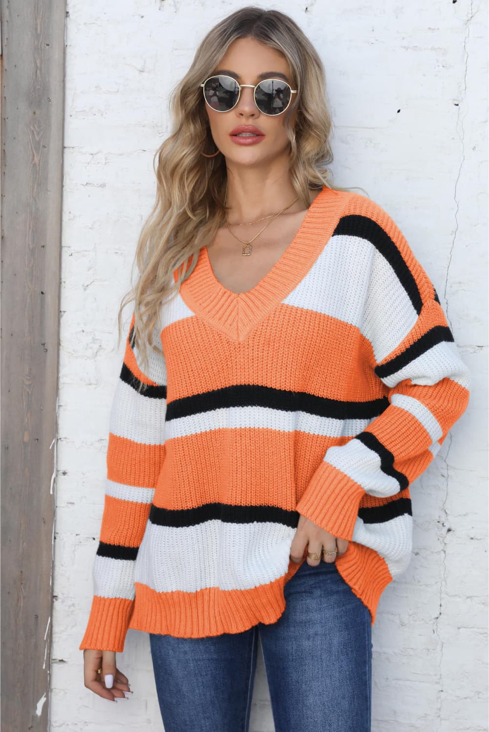 Color Block V-Neck Dropped Shoulder Sweater in Tangerine