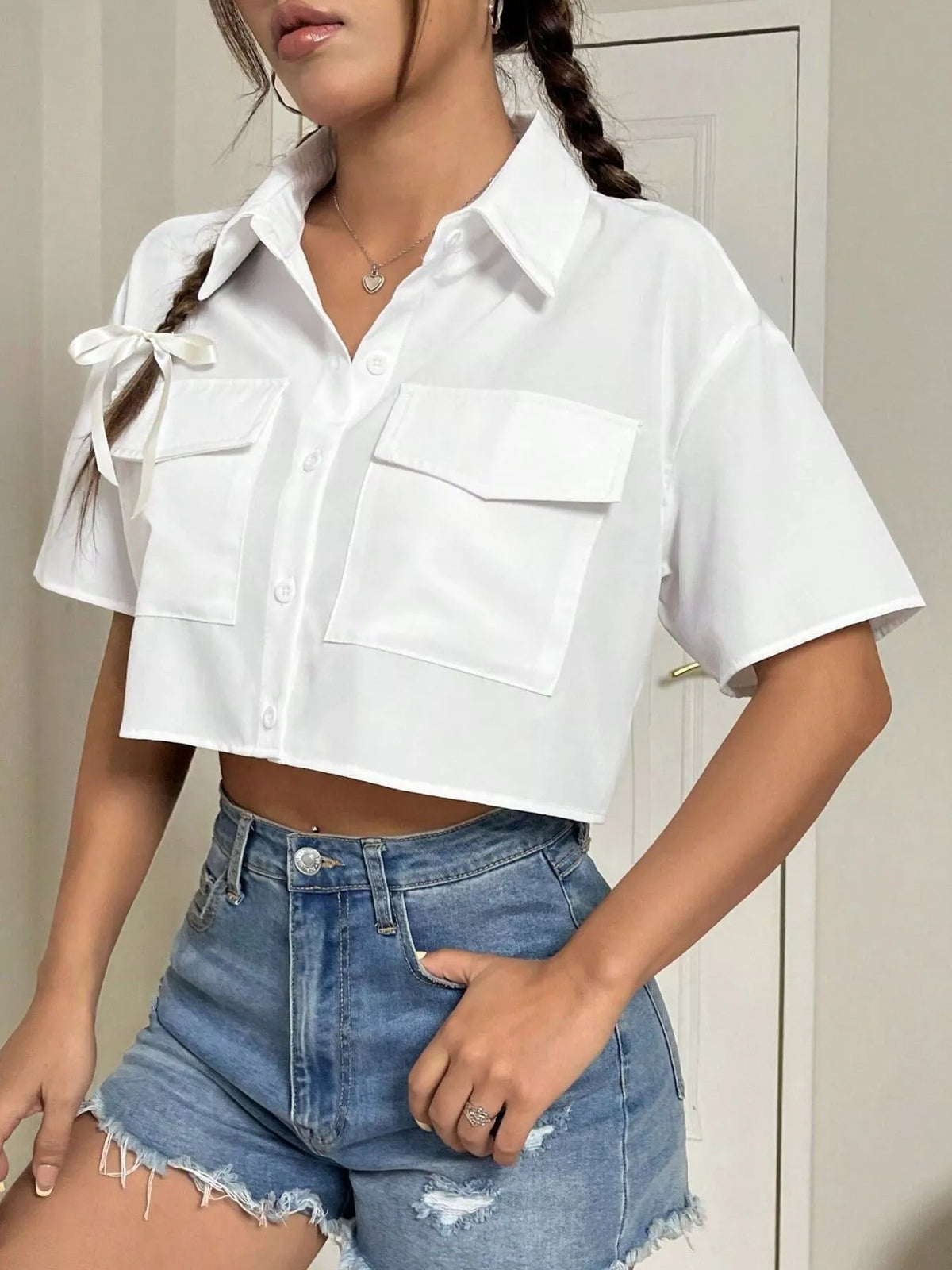 Short Sleeve Crop Shirt with Chest Pockets in White, view 2