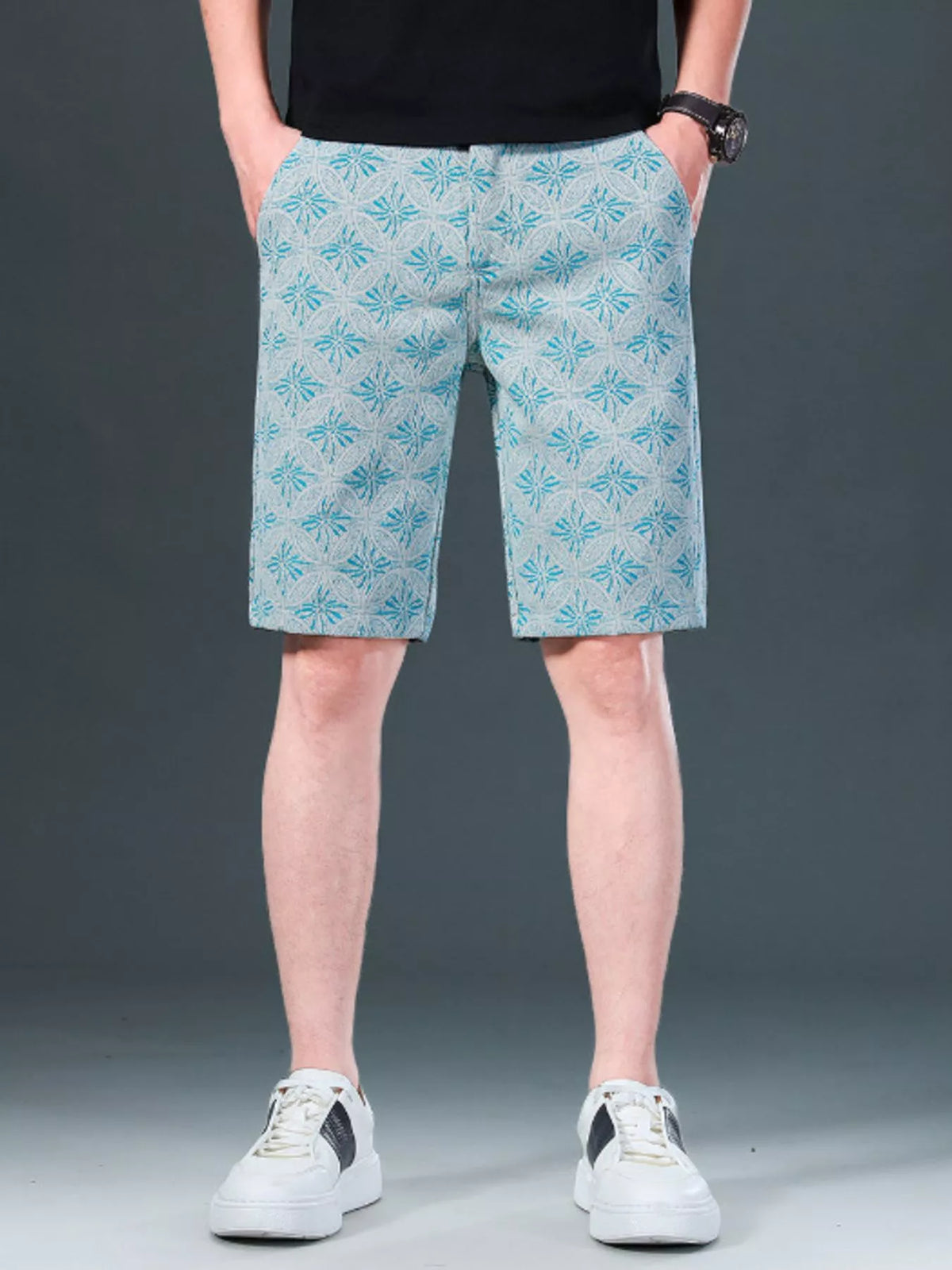 Men's Printed Loose Fit Shorts in Air Force Blue, view 3