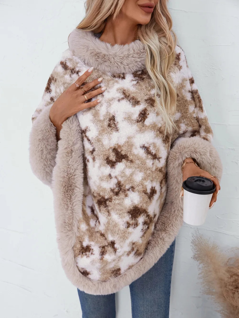 Furry Contrast Three-Quarter Poncho - Lilixa.store