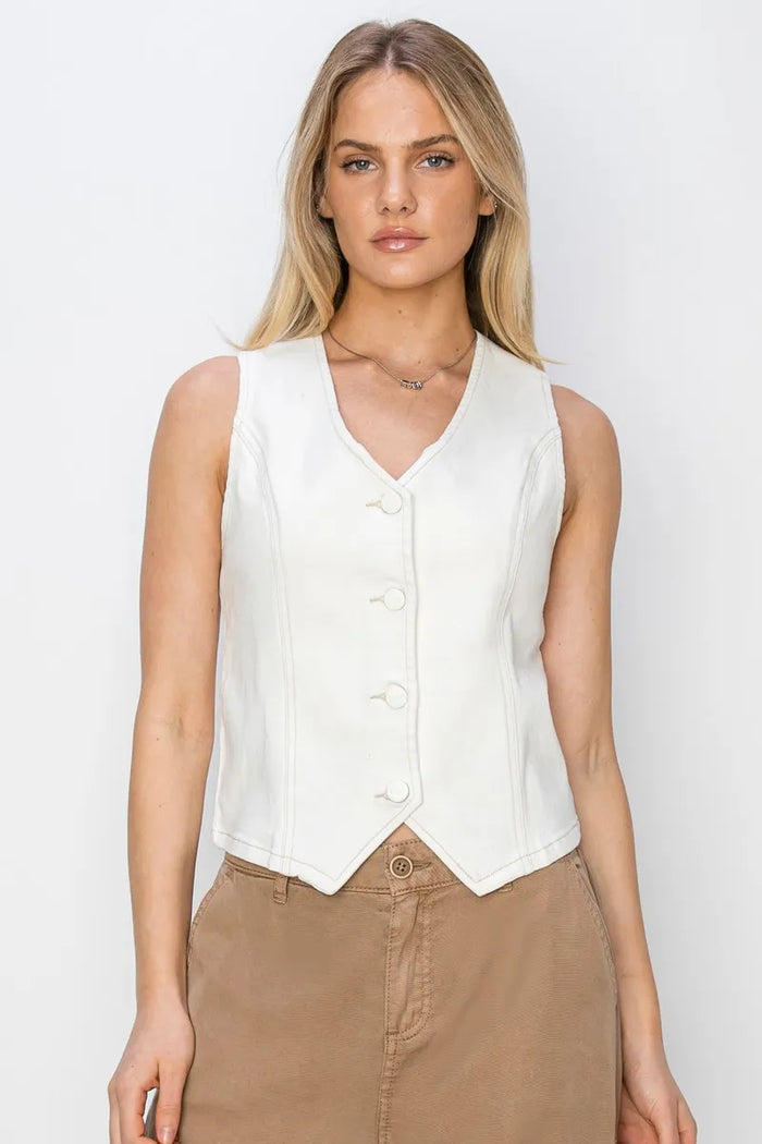 RISEN V Neck Button Down Vest in White