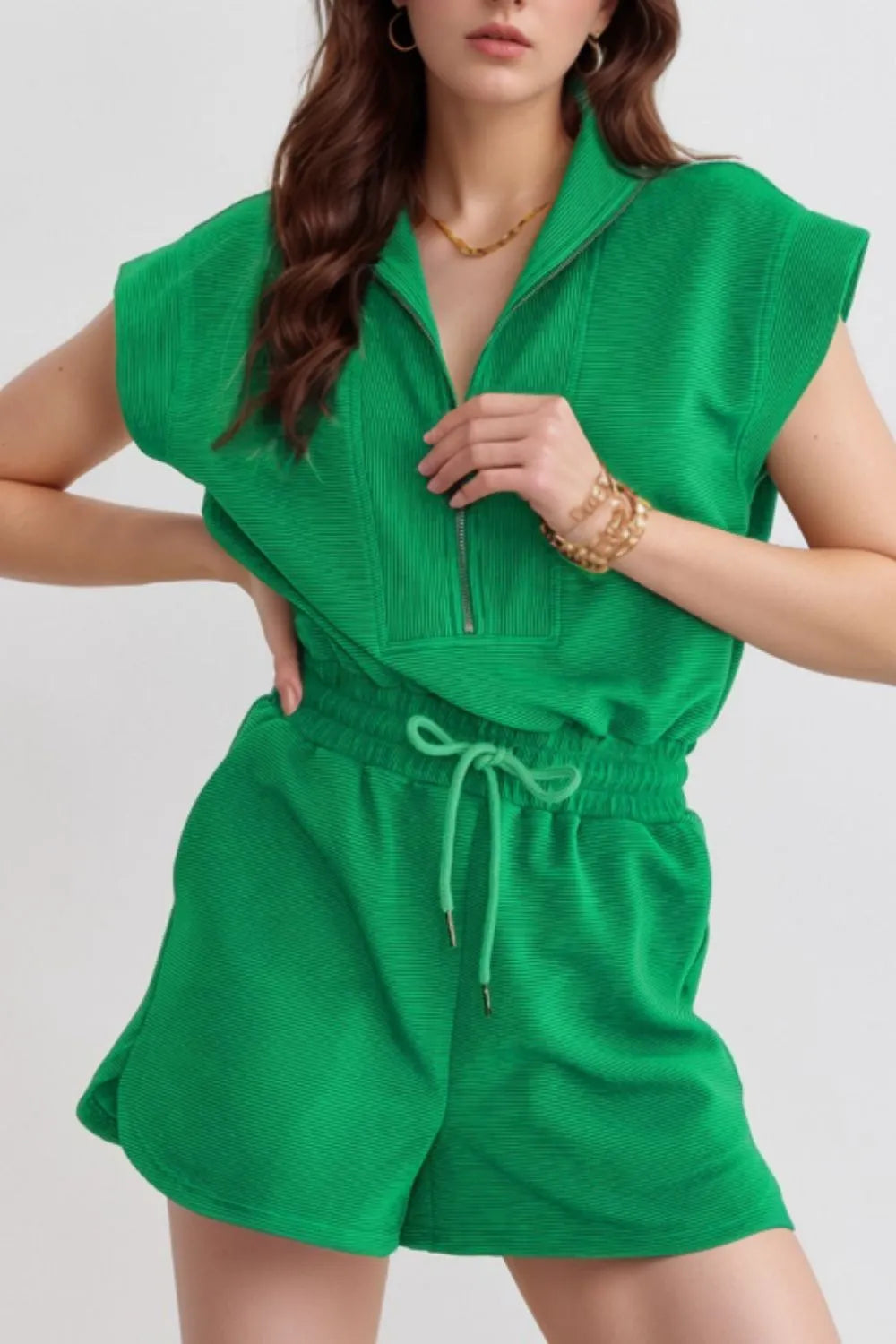 Drawstring Waist Half Zip Romper - Lilixa.store