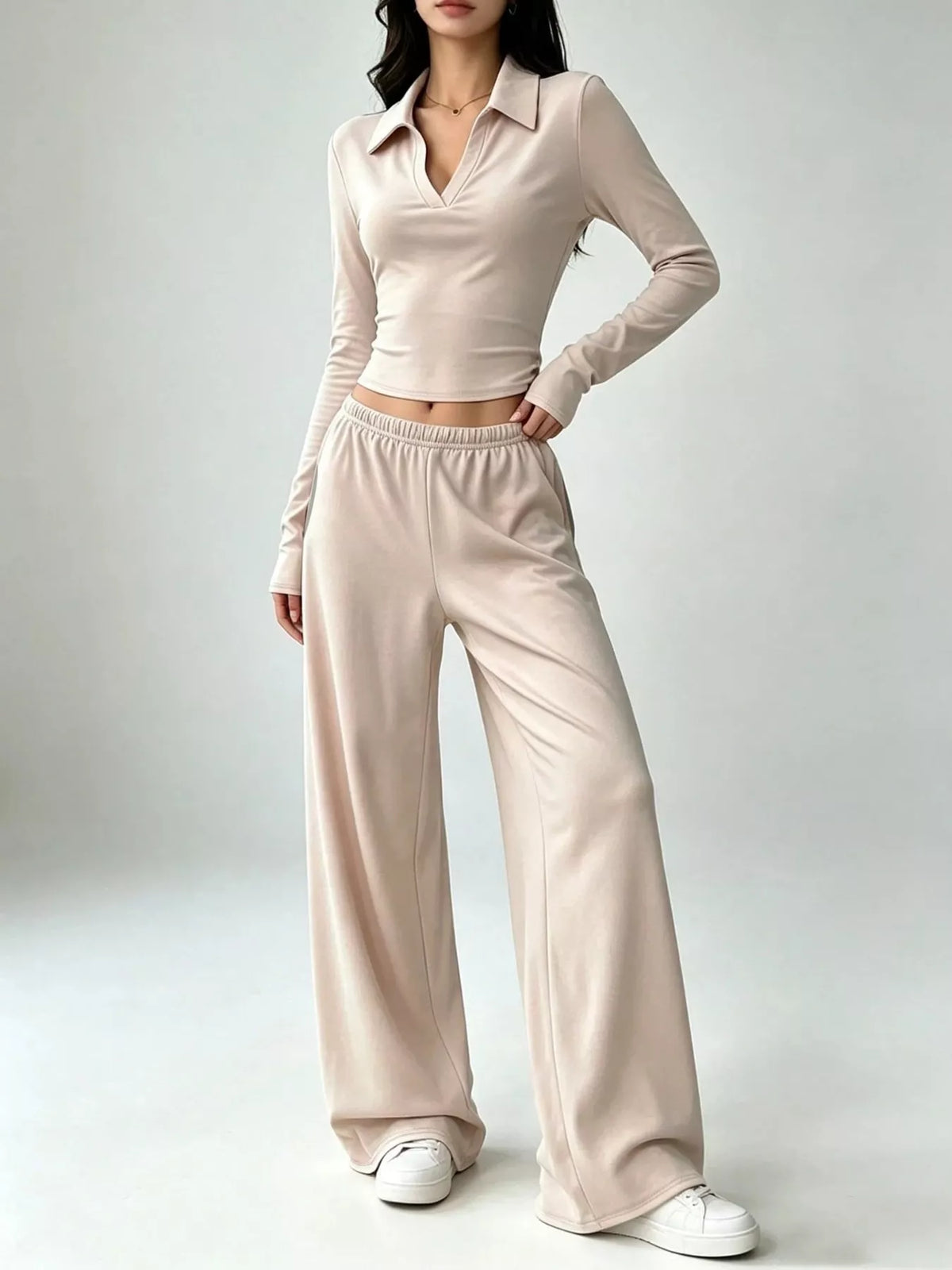 Solid Color Long Sleeve Polo Collar Top and Wide Leg Pants Set - Lilixa.store