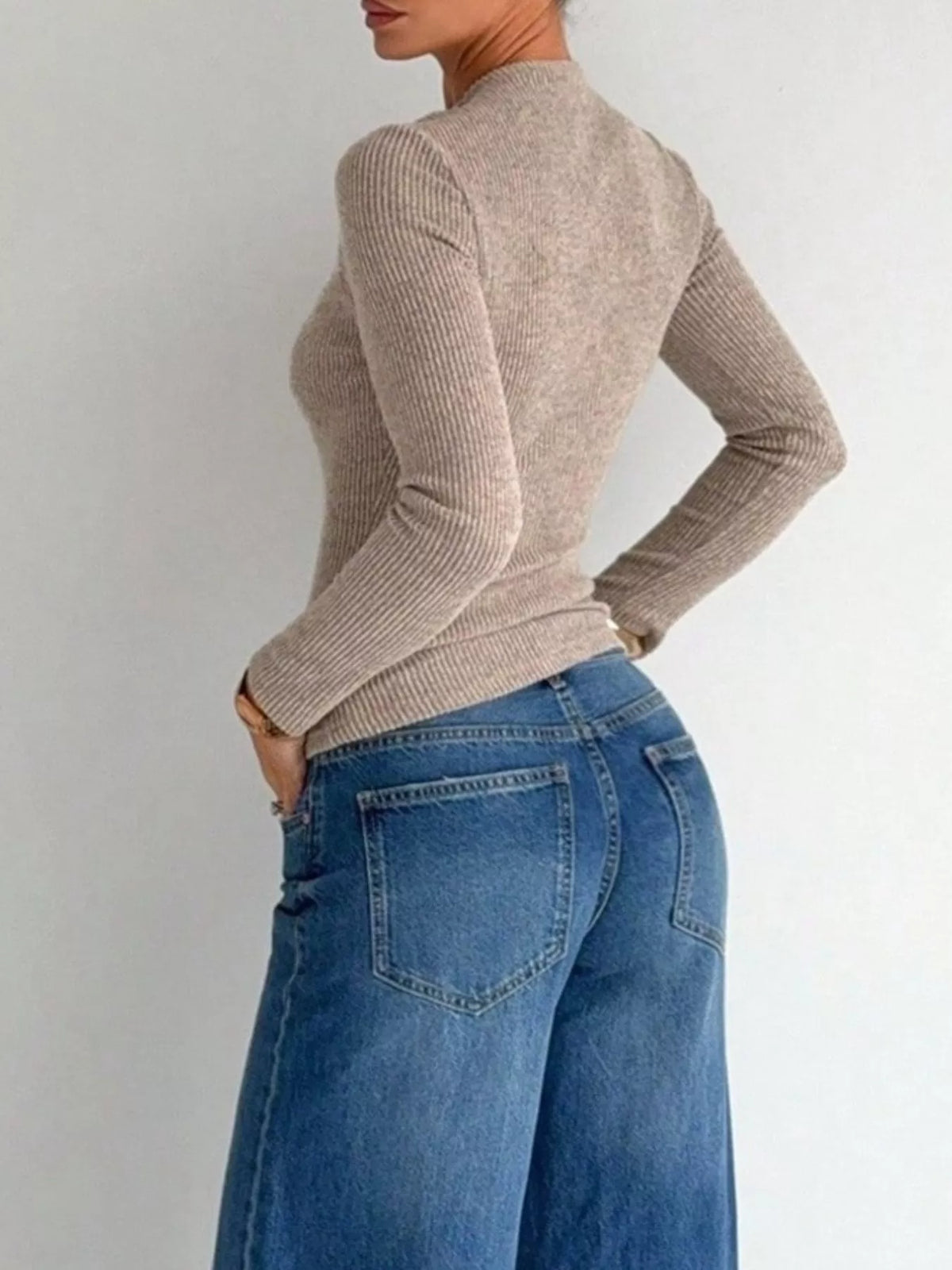 Ribbed Knit Long Sleeve T-Shirt with Metal Ring Cutout Detail, view 4
