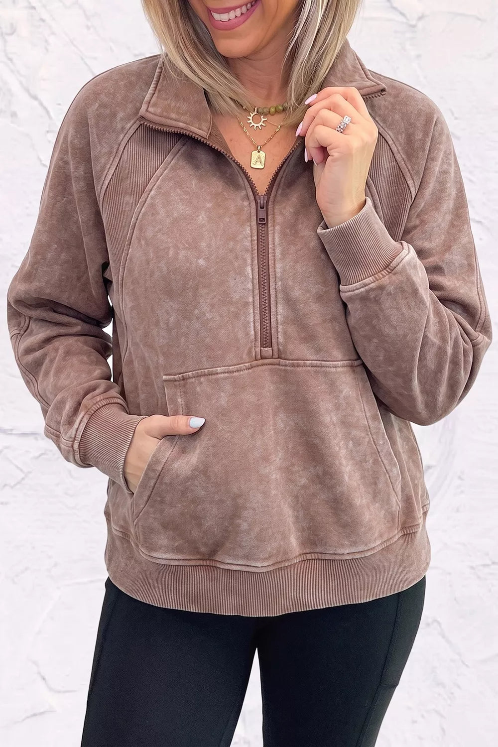 Vintage Half-Zip Long Sleeve Ribbed Cuffs Hem Shift Silhouette Sweatshirt - Lilixa.store