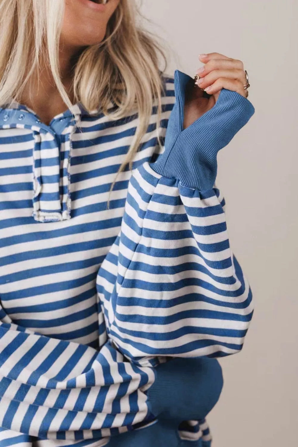 Stripe Color Block Trim Raw Seam Split Hem Loose Sweatshirt - Lilixa.store