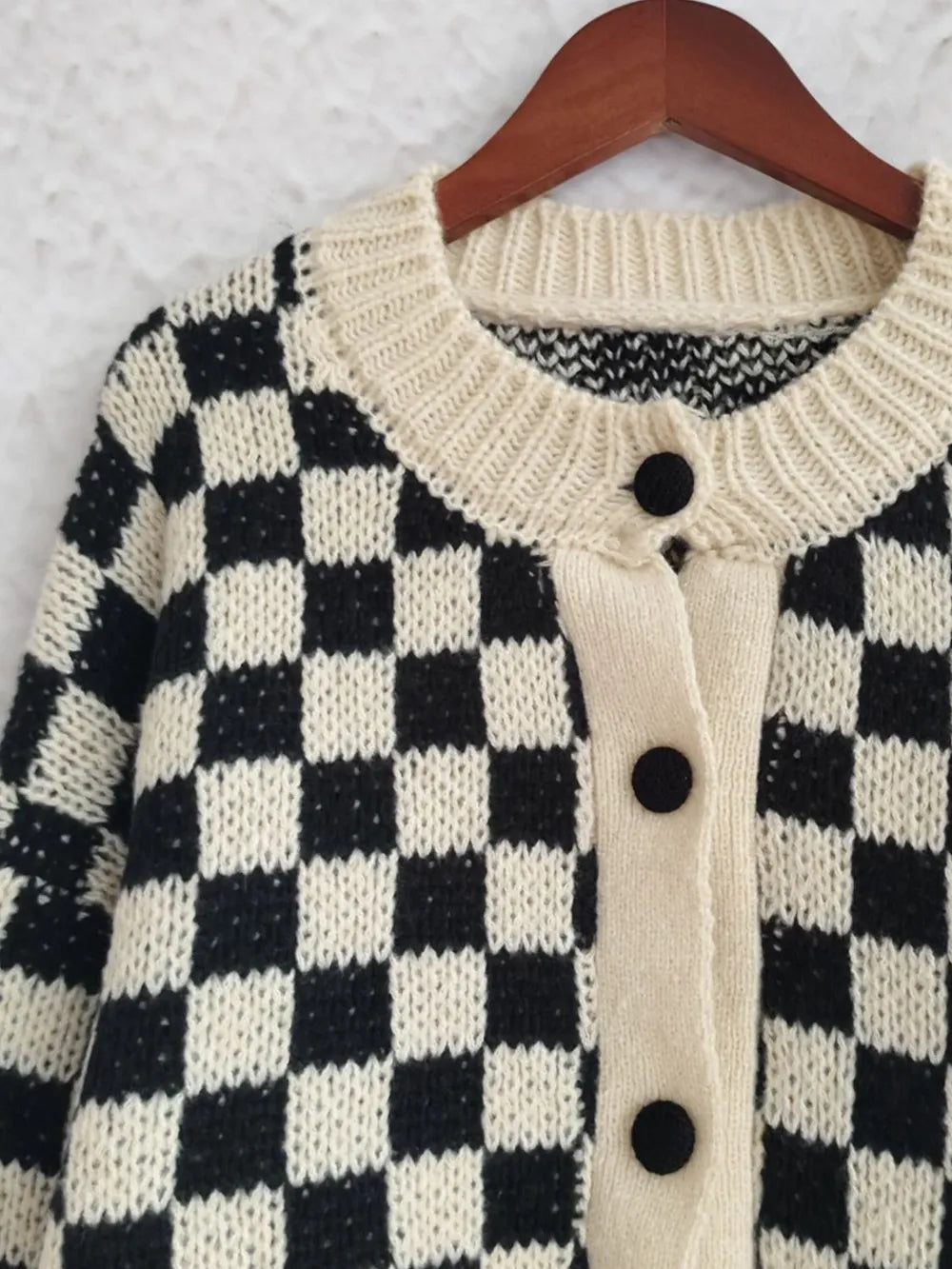 Checkered Button Up Round Neck Cardigan - Lilixa.store