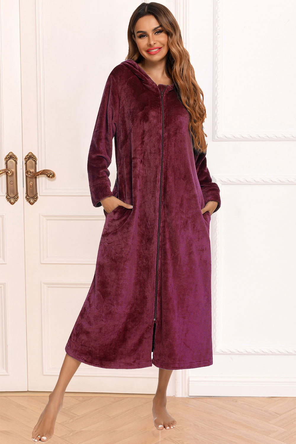 Zip Front Hooded Night Dress with Pockets in Wine