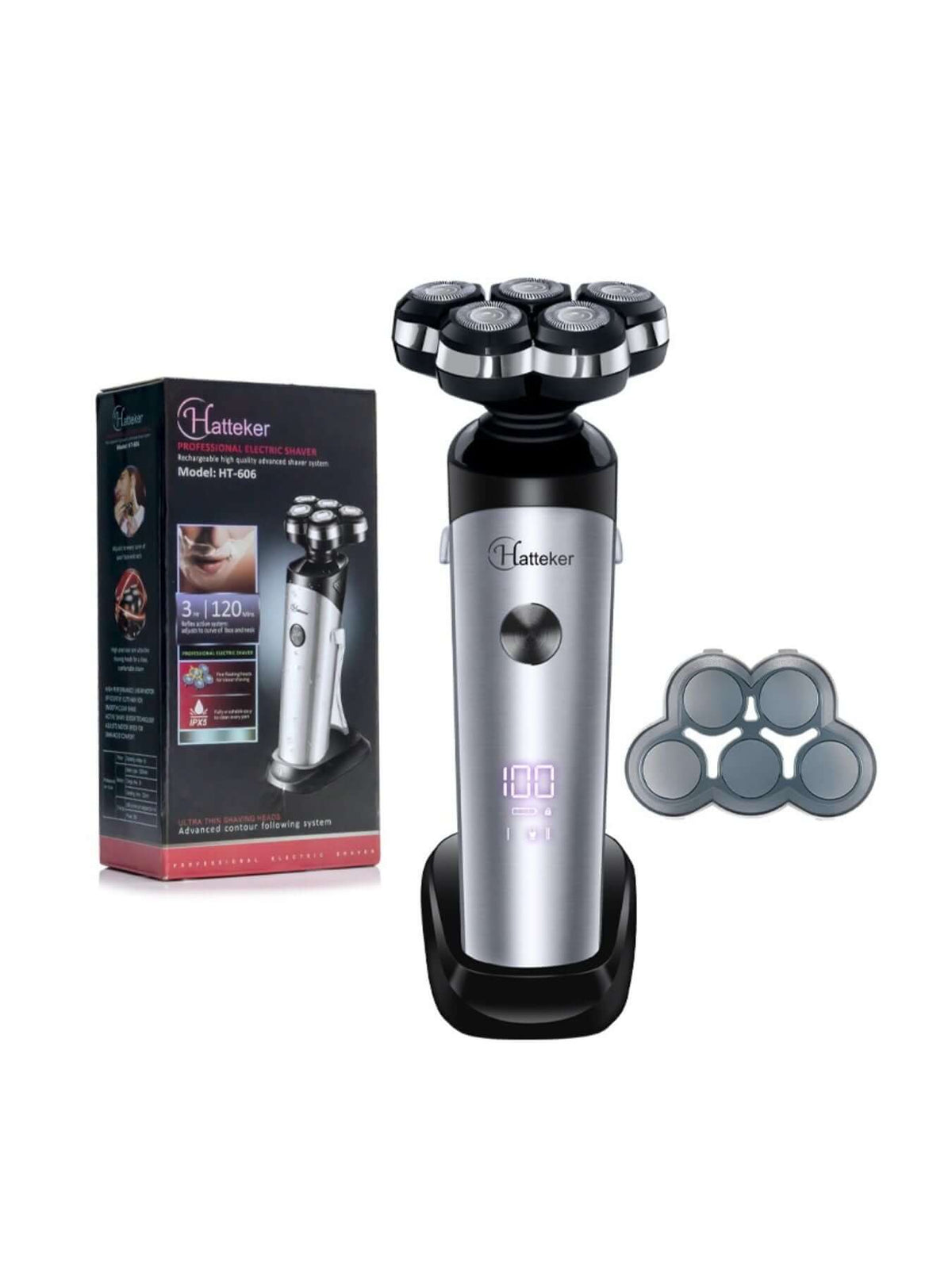 5-Head Rechargeable Electric Shaver with floating heads and charging dock, displayed with packaging and accessories.