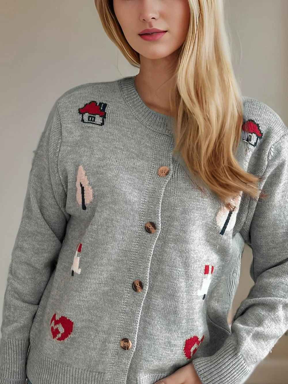 Button Up Round Neck Long Sleeve Cardigan - Lilixa.store
