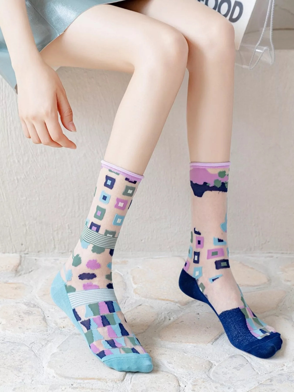 Geometric Abstract Print Socks in Pastel Blue