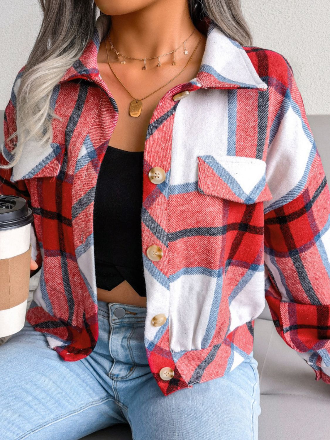 Plaid Collared Neck Drop Shoulder Jacket in Deep Red, view 5