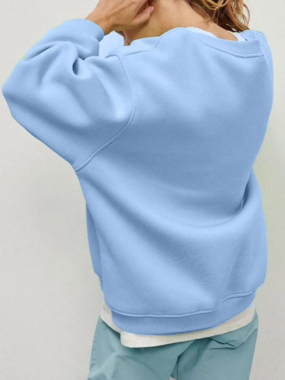 Round Neck Dropped Shoulder Long Sleeve Sweatshirt - Lilixa.store