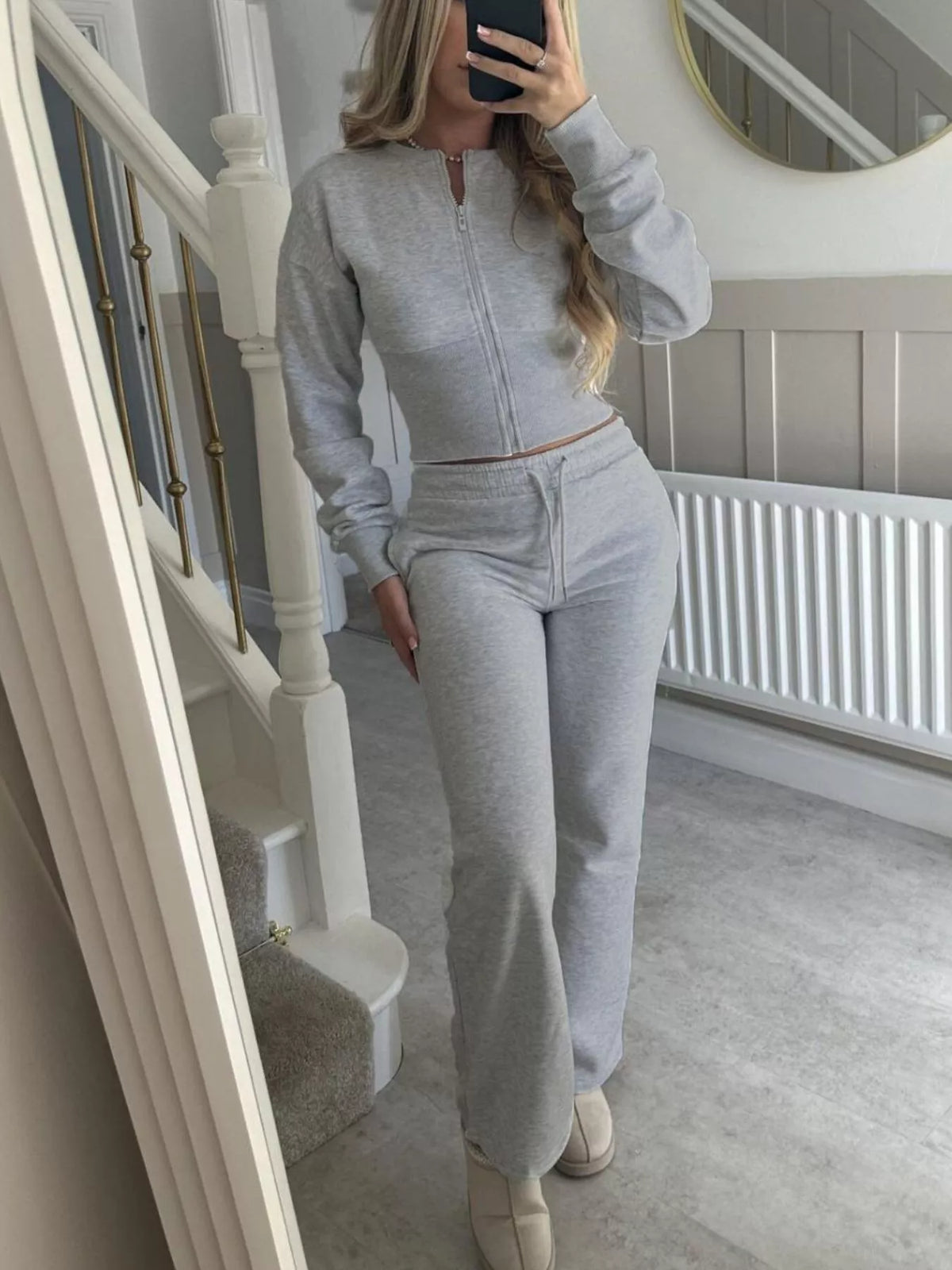 Zip-Up Crop Hoodie and High-Waisted Pants Set - Lilixa.store