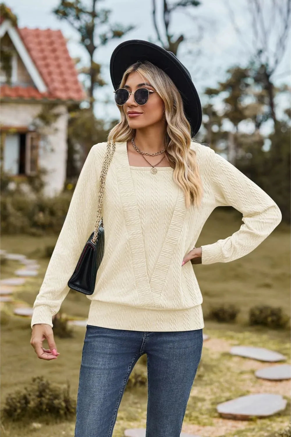 Square Neck Long Sleeve Blouse in Ivory, view 2